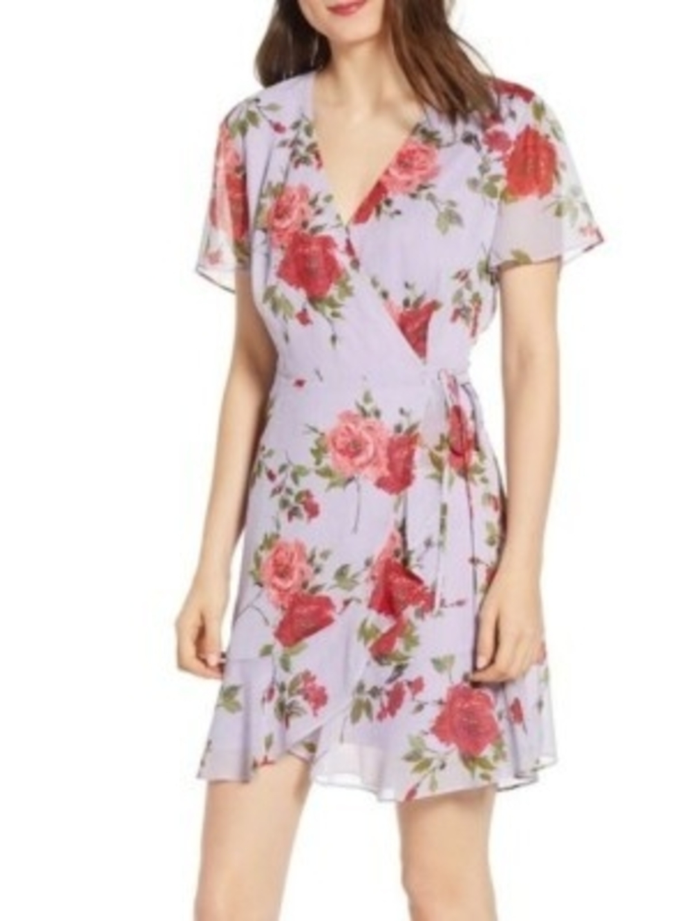 All in Favor Lavender Floral Wrap Dress with Pink and Red Roses